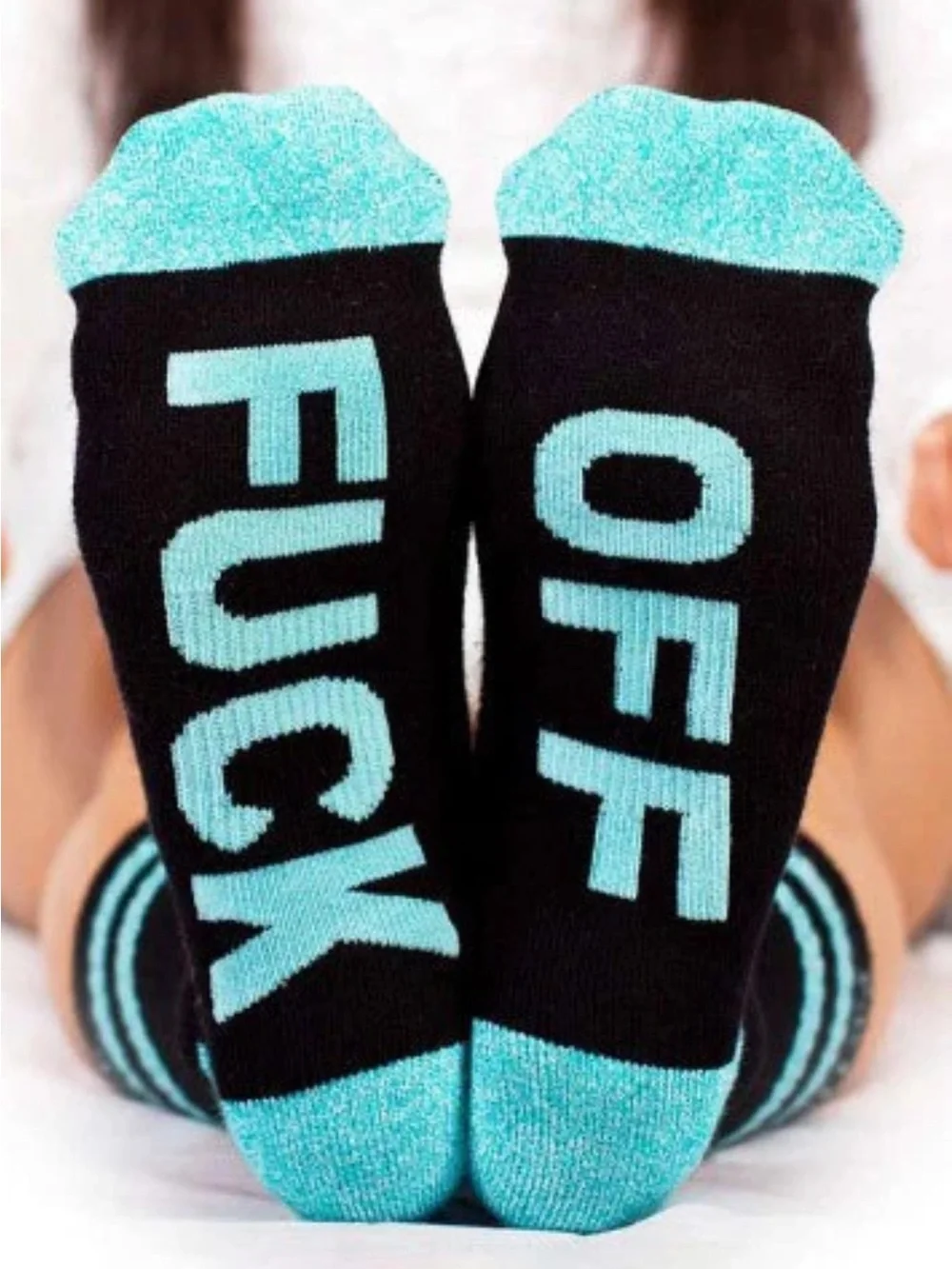 🪷 Set of 2 Bold Black Graphic 'F*ck Off' Crew Socks: Blue & Red